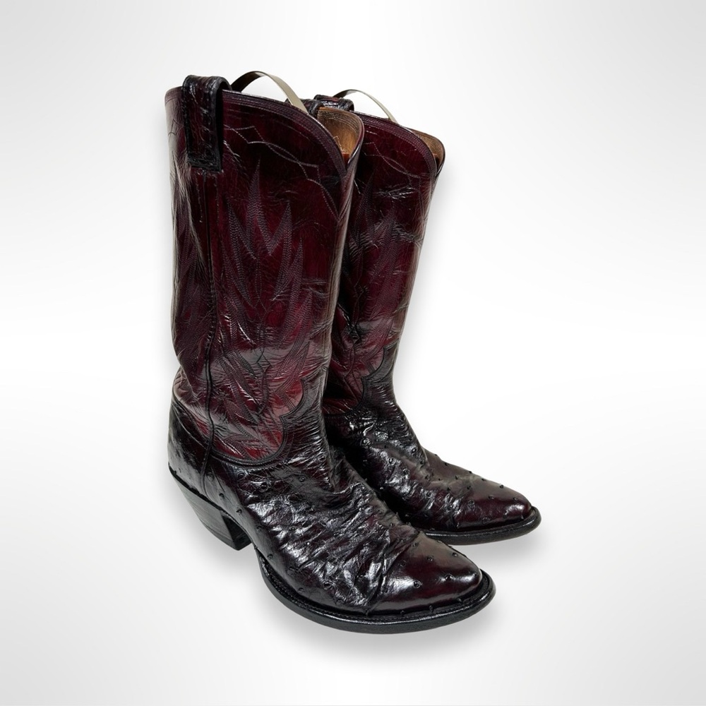 MIKE ALLRED vintage 80s black cherry ostrich skin boots